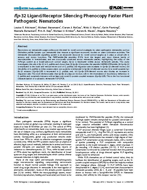 Atkinson et al. 2013 - flp-32 Ligand - receptor silencing phenocopy faster plant pathogenic nematodes.jpeg