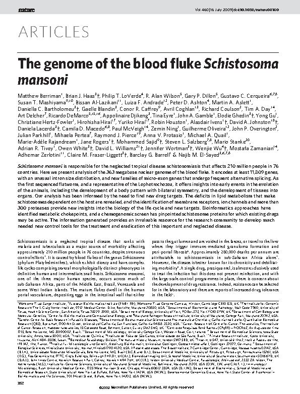 Berriman et al. 2009 - The genome of the blood fluke Schistosoma mansoni.jpeg