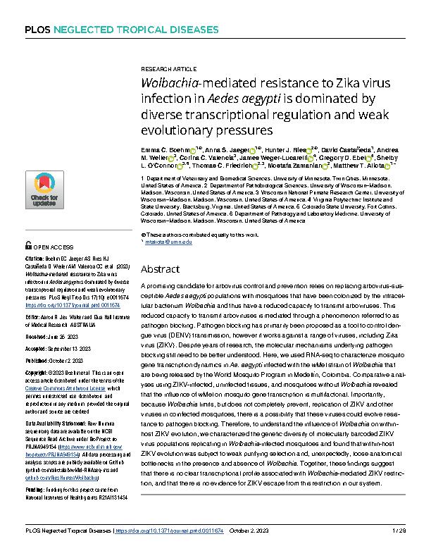 Boehm et al. 2023 - Wolbachia-mediated resistance to Zika virus infectio ... by diverse transcriptional regulation and weak evolutionary pressures.jpeg