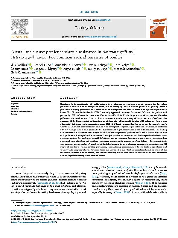 Collins et al. 2025 - A small-scale survey of fenbendazole resistance in ... lli and Heterakis gallinarum, two common ascarid parasites of poultry.jpeg