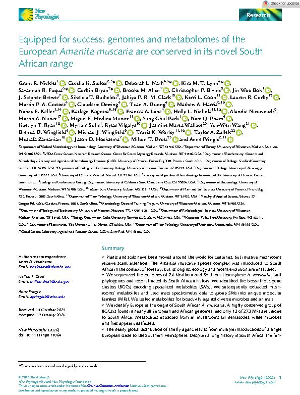 Nickles et al. 2026 - Equipped for success - genomes and metabolomes of ... opean Amanita muscaria are conserved in its novel South African range.jpeg