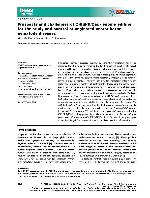 Zamanian and Andersen 2016 - Prospects and challenges of CRISPR - Cas ge ... for the study and control of neglected vector-borne nematode diseases.jpeg