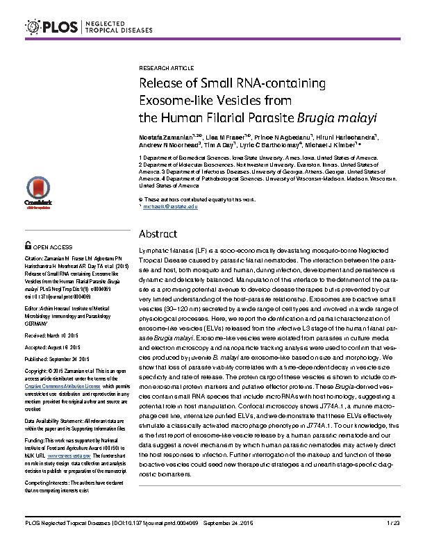 Zamanian et al. 2015 - Release of Small RNA-containing Exosome-like Vesicles from the Human Filarial Parasite Brugia malayi.jpeg